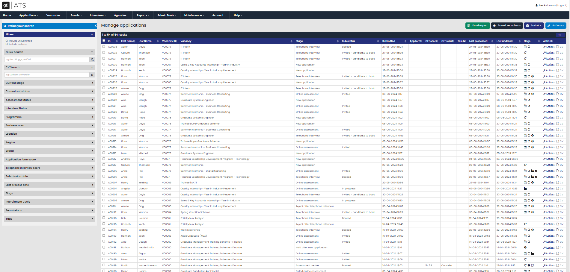 Applicant list screenshot